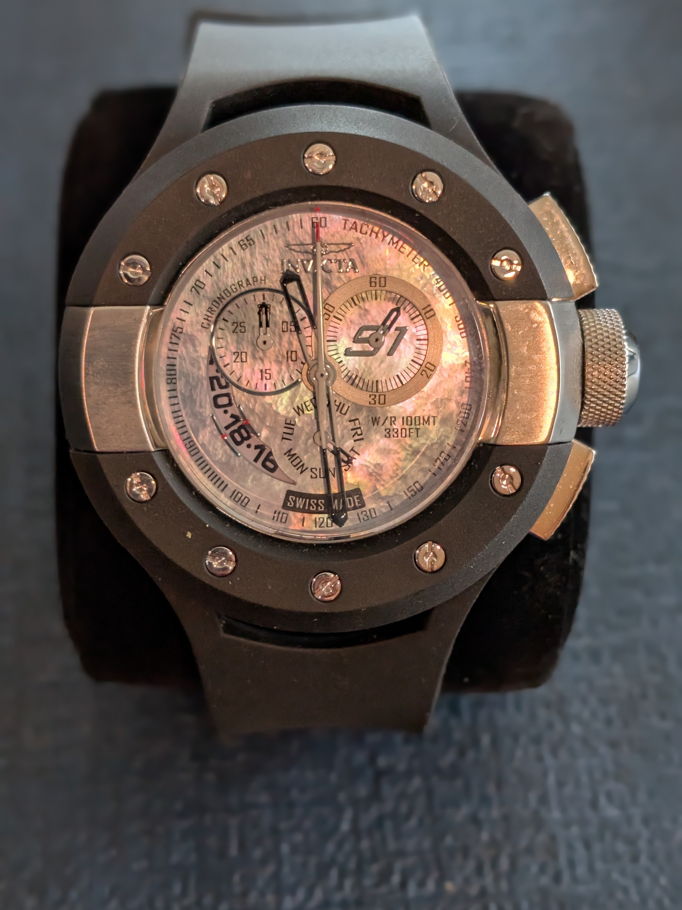 Invicta Mens Black Chronograph Watch With MotherOfPearl Dial